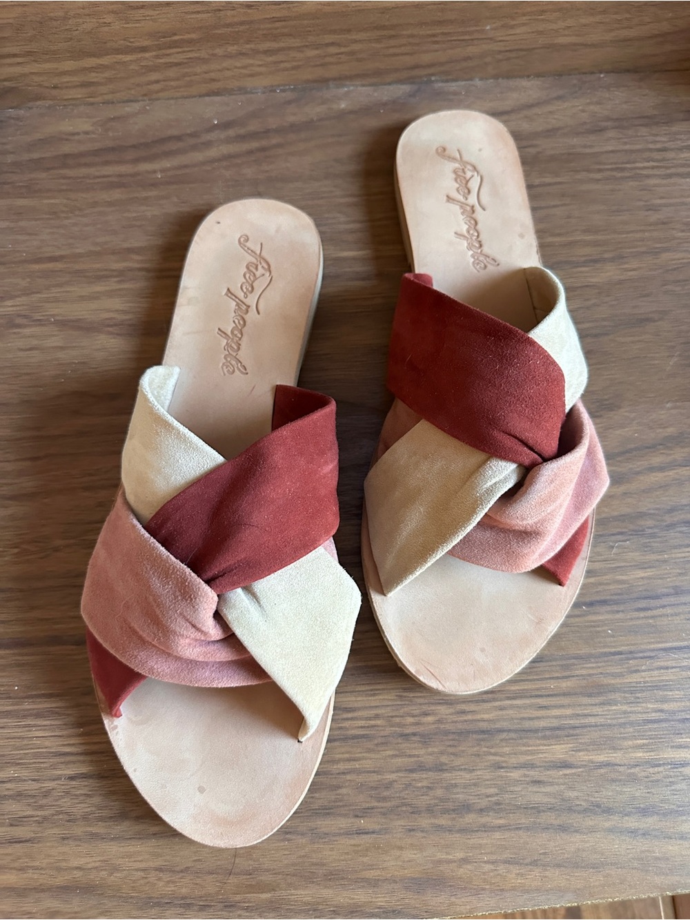 Free People Knotted Multicolor Slide Sandals in Rust, Blush & Cream
